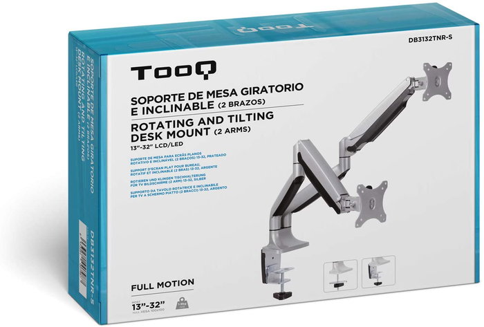 TooQ Soporte de Mesa para 2 Monitores DB3132TNR-S, Giratorio e Inclinable con Pistón de Gas, para Pantallas de 13 a 32 Pulgadas, VESA 75/100, Hasta 9kg, Plata